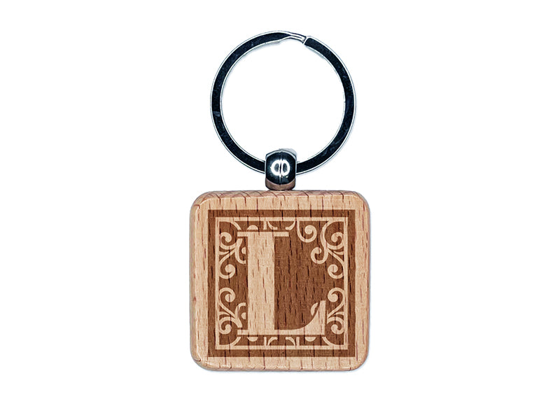 Monogram Swirls Capital Letter L Engraved Wood Square Keychain Tag Charm