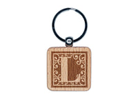 Monogram Swirls Capital Letter L Engraved Wood Square Keychain Tag Charm