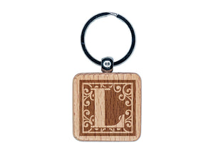 Monogram Swirls Capital Letter L Engraved Wood Square Keychain Tag Charm