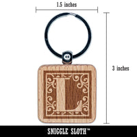 Monogram Swirls Capital Letter L Engraved Wood Square Keychain Tag Charm