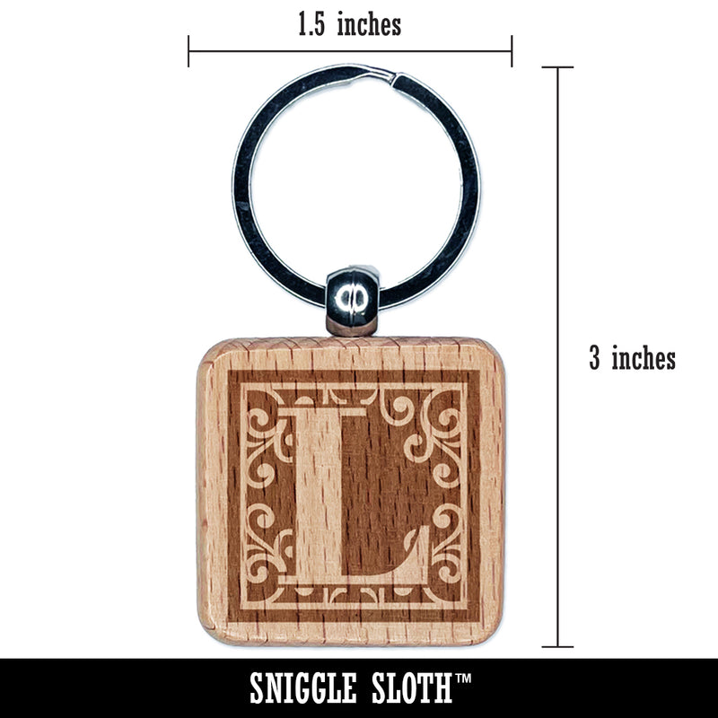 Monogram Swirls Capital Letter L Engraved Wood Square Keychain Tag Charm