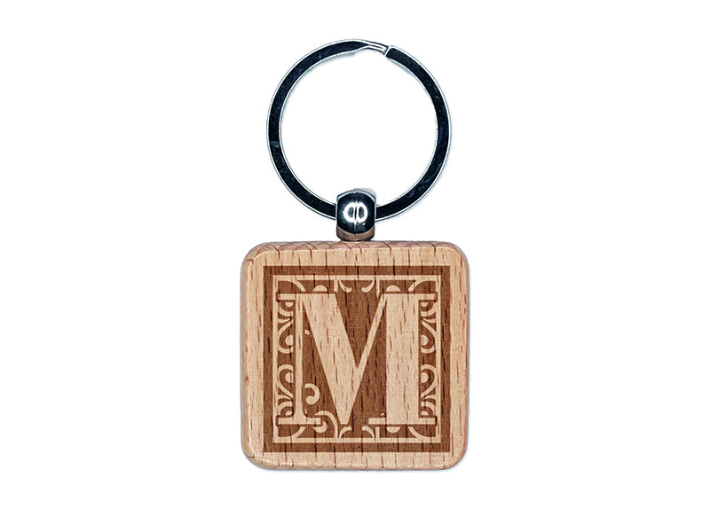 Monogram Swirls Capital Letter M Engraved Wood Square Keychain Tag Charm