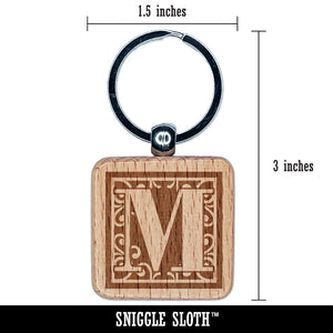 Monogram Swirls Capital Letter M Engraved Wood Square Keychain Tag Charm