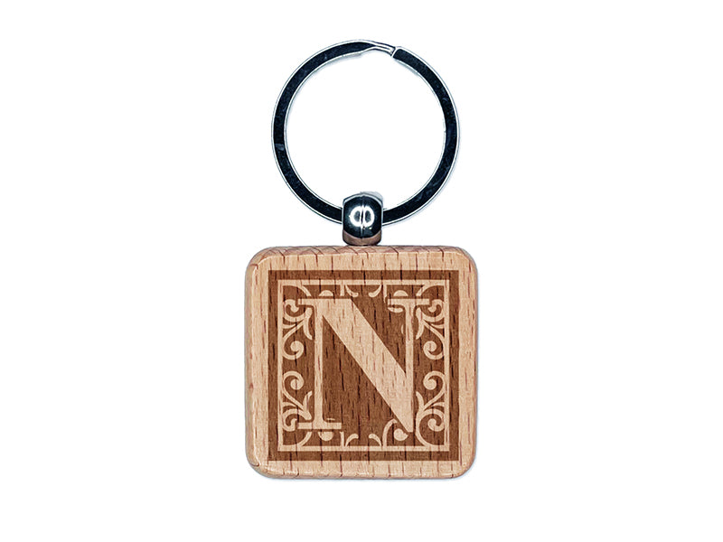 Monogram Swirls Capital Letter N Engraved Wood Square Keychain Tag Charm