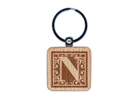 Monogram Swirls Capital Letter N Engraved Wood Square Keychain Tag Charm