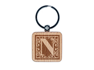 Monogram Swirls Capital Letter N Engraved Wood Square Keychain Tag Charm