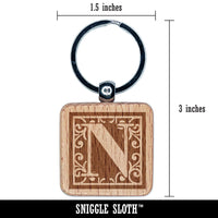 Monogram Swirls Capital Letter N Engraved Wood Square Keychain Tag Charm