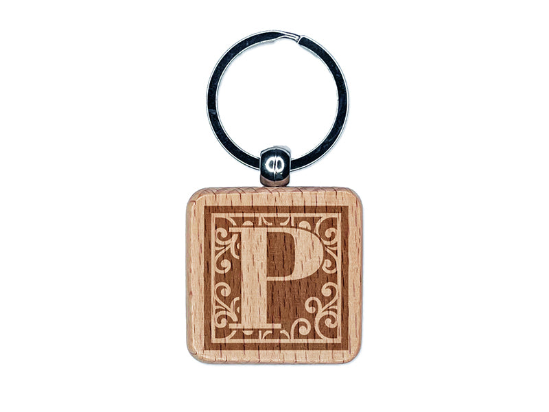Monogram Swirls Capital Letter P Engraved Wood Square Keychain Tag Charm
