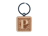 Monogram Swirls Capital Letter P Engraved Wood Square Keychain Tag Charm