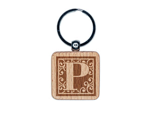 Monogram Swirls Capital Letter P Engraved Wood Square Keychain Tag Charm