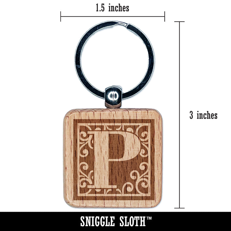 Monogram Swirls Capital Letter P Engraved Wood Square Keychain Tag Charm