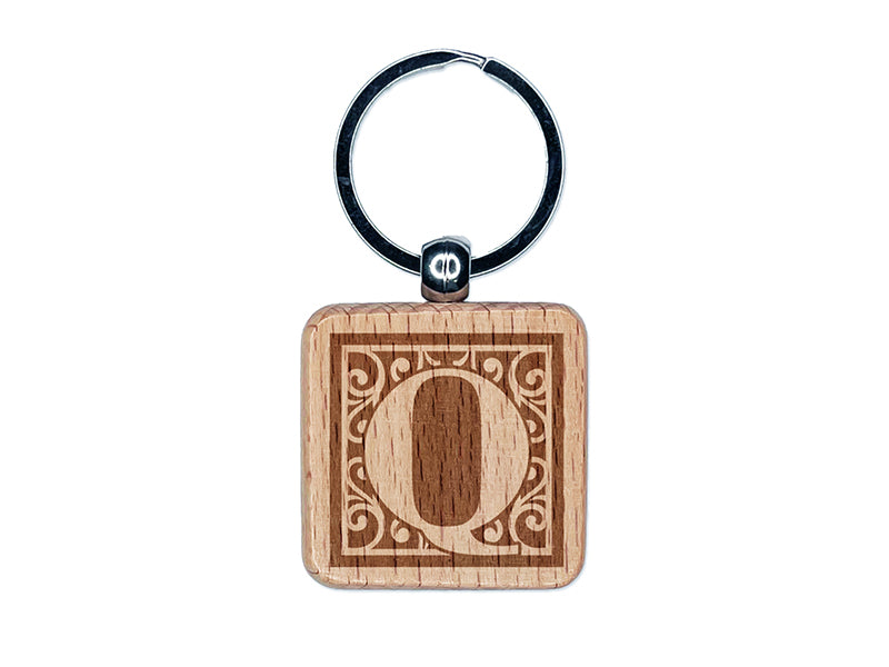 Monogram Swirls Capital Letter Q Engraved Wood Square Keychain Tag Charm