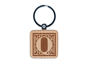Monogram Swirls Capital Letter Q Engraved Wood Square Keychain Tag Charm
