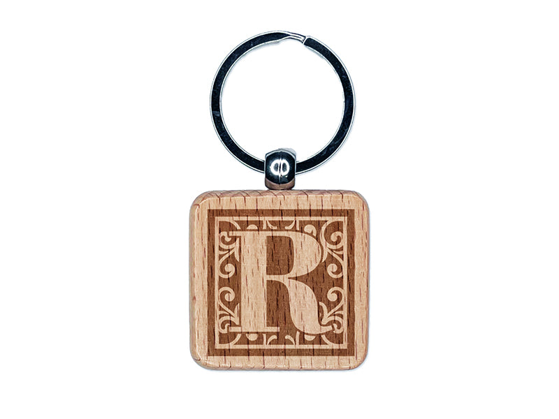 Monogram Swirls Capital Letter R Engraved Wood Square Keychain Tag Charm