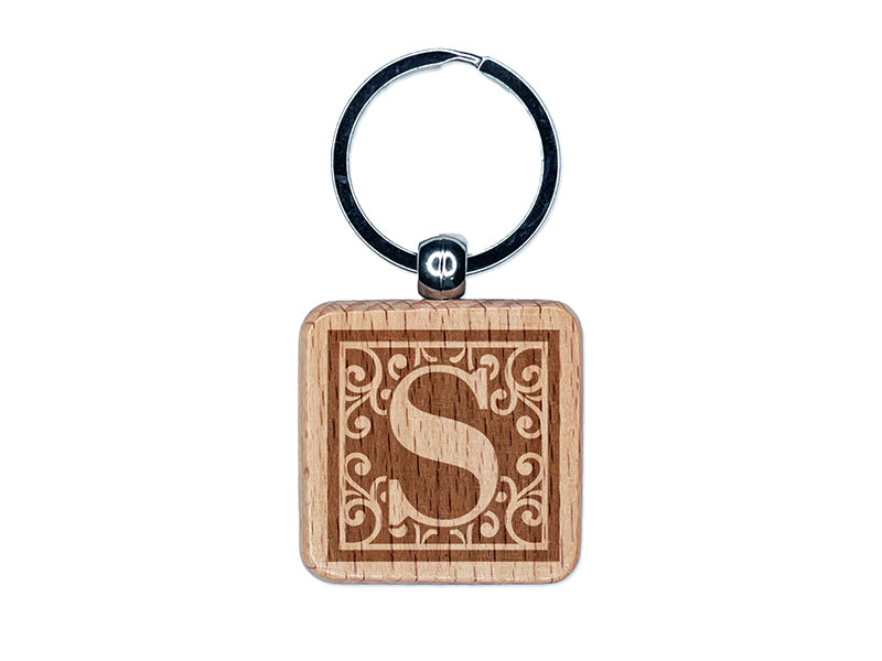 Monogram Swirls Capital Letter S Engraved Wood Square Keychain Tag Charm