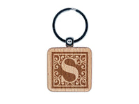 Monogram Swirls Capital Letter S Engraved Wood Square Keychain Tag Charm