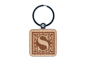Monogram Swirls Capital Letter S Engraved Wood Square Keychain Tag Charm