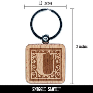 Monogram Swirls Capital Letter U Engraved Wood Square Keychain Tag Charm