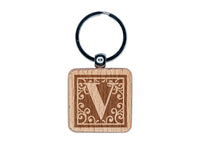Monogram Swirls Capital Letter V Engraved Wood Square Keychain Tag Charm