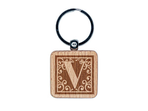 Monogram Swirls Capital Letter V Engraved Wood Square Keychain Tag Charm