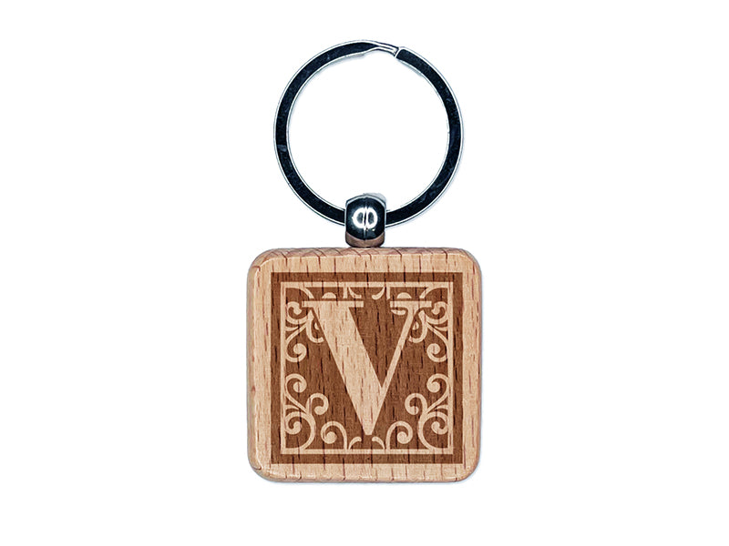 Monogram Swirls Capital Letter V Engraved Wood Square Keychain Tag Charm