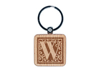 Monogram Swirls Capital Letter W Engraved Wood Square Keychain Tag Charm