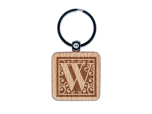 Monogram Swirls Capital Letter W Engraved Wood Square Keychain Tag Charm
