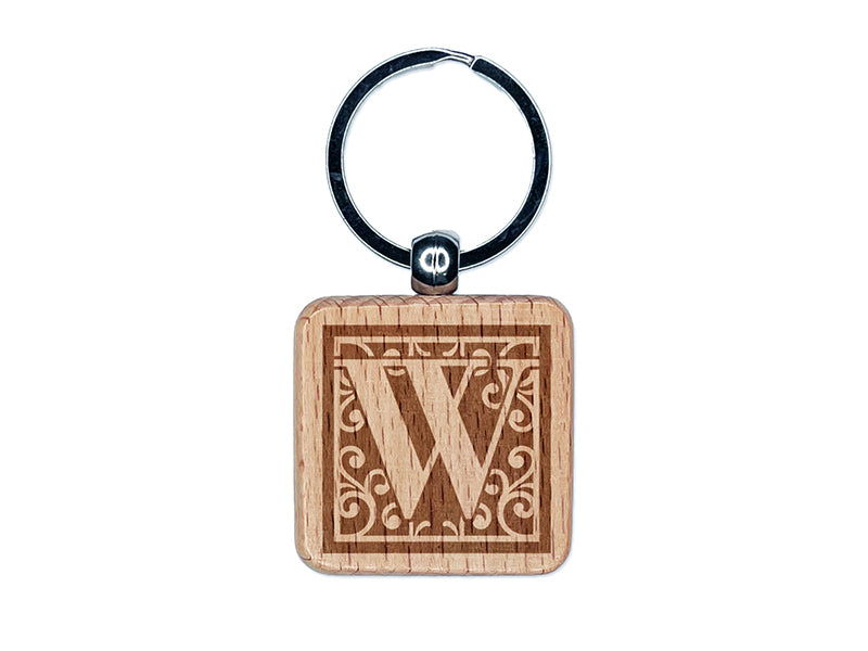 Monogram Swirls Capital Letter W Engraved Wood Square Keychain Tag Charm