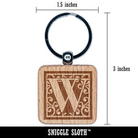 Monogram Swirls Capital Letter W Engraved Wood Square Keychain Tag Charm