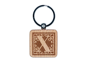 Monogram Swirls Capital Letter X Engraved Wood Square Keychain Tag Charm