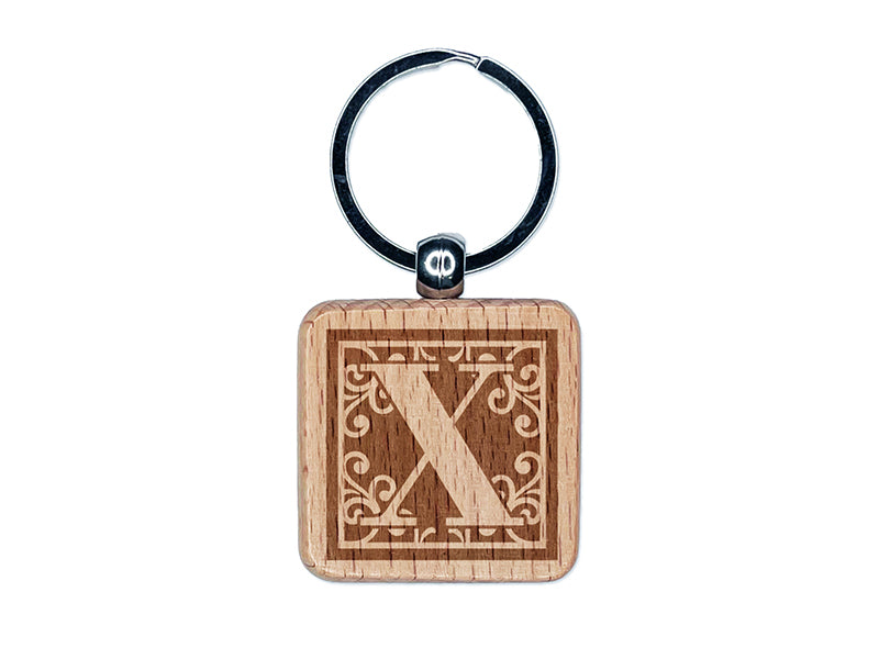 Monogram Swirls Capital Letter X Engraved Wood Square Keychain Tag Charm