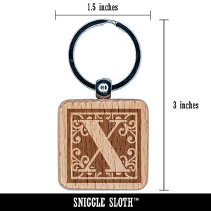 Monogram Swirls Capital Letter X Engraved Wood Square Keychain Tag Charm