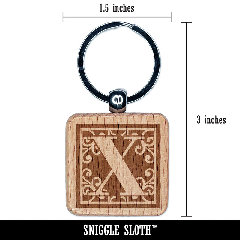 Monogram Swirls Capital Letter X Engraved Wood Square Keychain Tag Charm