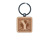 Monogram Swirls Capital Letter Y Engraved Wood Square Keychain Tag Charm