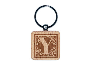 Monogram Swirls Capital Letter Y Engraved Wood Square Keychain Tag Charm