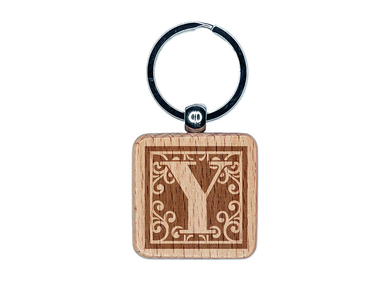 Monogram Swirls Capital Letter Y Engraved Wood Square Keychain Tag Charm