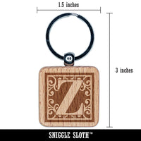 Monogram Swirls Capital Letter Z Engraved Wood Square Keychain Tag Charm