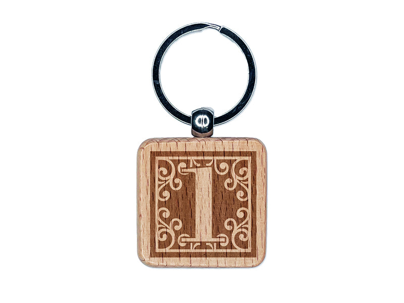 Monogram Swirls Number 1 One Engraved Wood Square Keychain Tag Charm