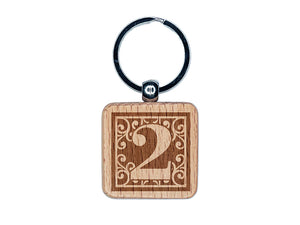 Monogram Swirls Number 2 Two Engraved Wood Square Keychain Tag Charm
