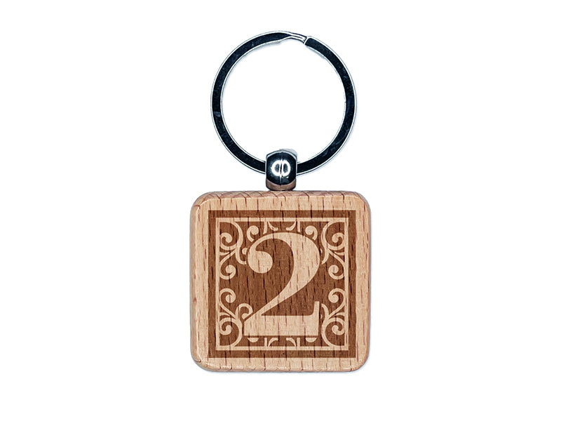 Monogram Swirls Number 2 Two Engraved Wood Square Keychain Tag Charm