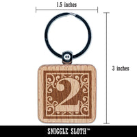 Monogram Swirls Number 2 Two Engraved Wood Square Keychain Tag Charm