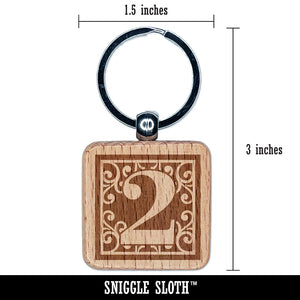 Monogram Swirls Number 2 Two Engraved Wood Square Keychain Tag Charm
