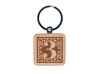 Monogram Swirls Number 3 Three Engraved Wood Square Keychain Tag Charm
