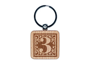 Monogram Swirls Number 3 Three Engraved Wood Square Keychain Tag Charm