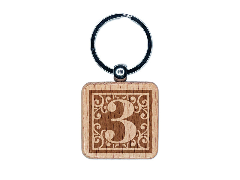 Monogram Swirls Number 3 Three Engraved Wood Square Keychain Tag Charm