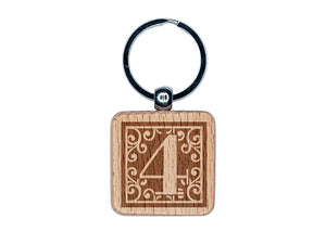 Monogram Swirls Number 4 Four Engraved Wood Square Keychain Tag Charm