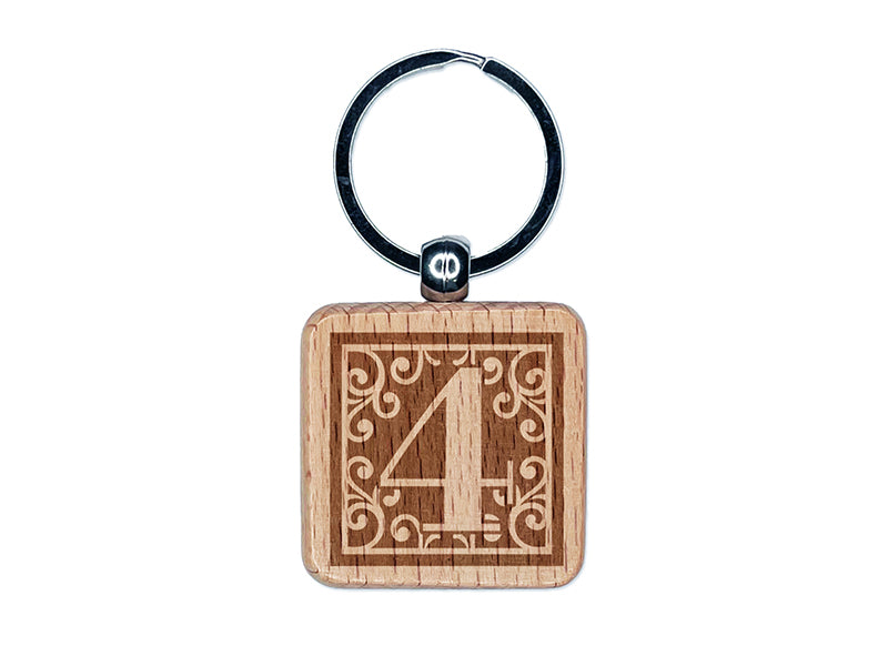 Monogram Swirls Number 4 Four Engraved Wood Square Keychain Tag Charm