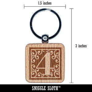 Monogram Swirls Number 4 Four Engraved Wood Square Keychain Tag Charm