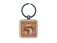 Monogram Swirls Number 5 Five Engraved Wood Square Keychain Tag Charm