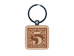 Monogram Swirls Number 5 Five Engraved Wood Square Keychain Tag Charm